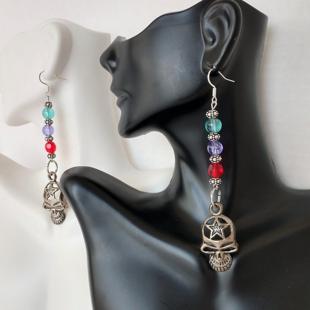 Hand Made Skull Earrings:  Colorful Beads, Dia De Los Muertos 4 inch